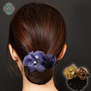 2025新款高档气质双花发网古风发夹女后脑勺丸子头盘发卡网兜头花