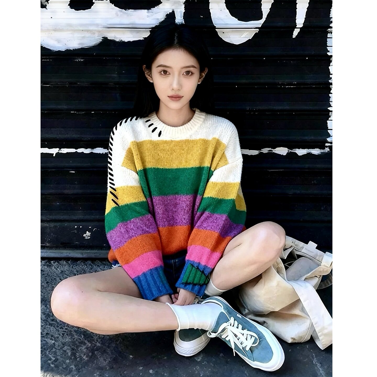 欧洲站女装彩虹条纹套头毛衣高级感穿搭宽松休闲小个子针织衫欧货