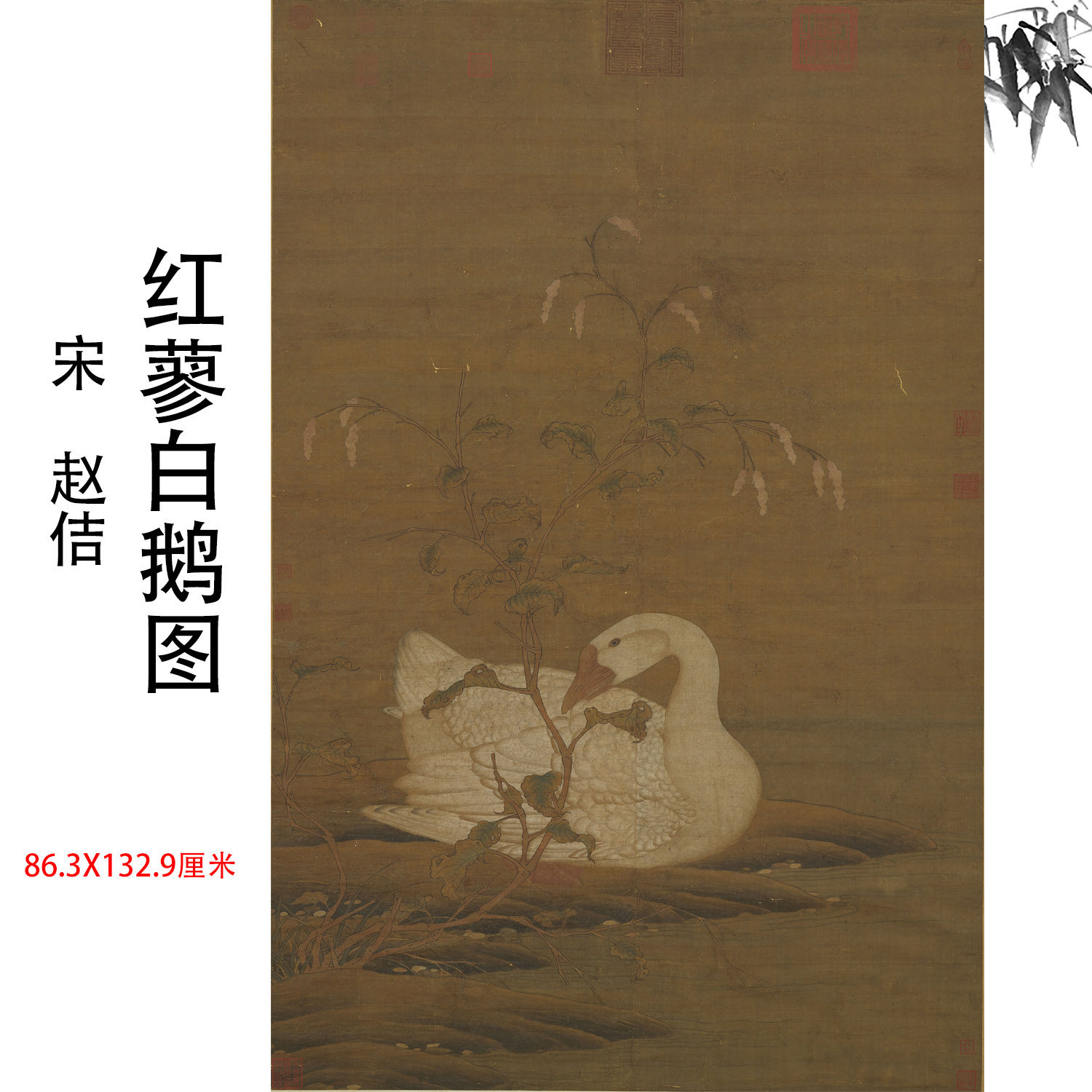 新品1:1宋 赵佶 宋徽宗 红蓼白鹅图仿古字画高清微喷复制临摹范本