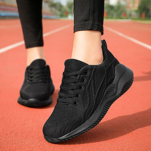 系带女鞋2025秋季网鞋黑色网面透气运动鞋女士轻便软底跑步鞋百搭