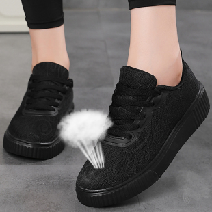 系带圆头女鞋黑色运动鞋夏季薄款透气单网面鞋轻便软底防滑工作鞋