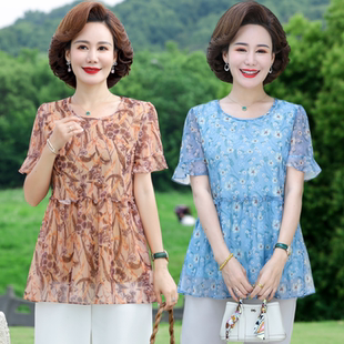 洋气妈妈装2023夏季新款短袖t恤中老年女士中长显瘦上衣碎花小衫