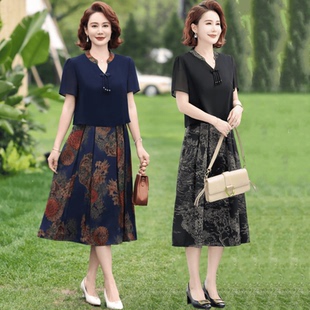 2024新款 妈妈夏装 气质短袖 连衣裙洋气高贵中老年人裙子女式 假两件