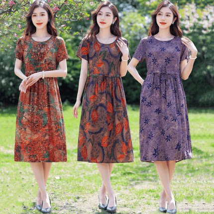 妈妈装2024夏季新款棉绸短袖连衣裙中老年女士宽松人造棉外穿裙子