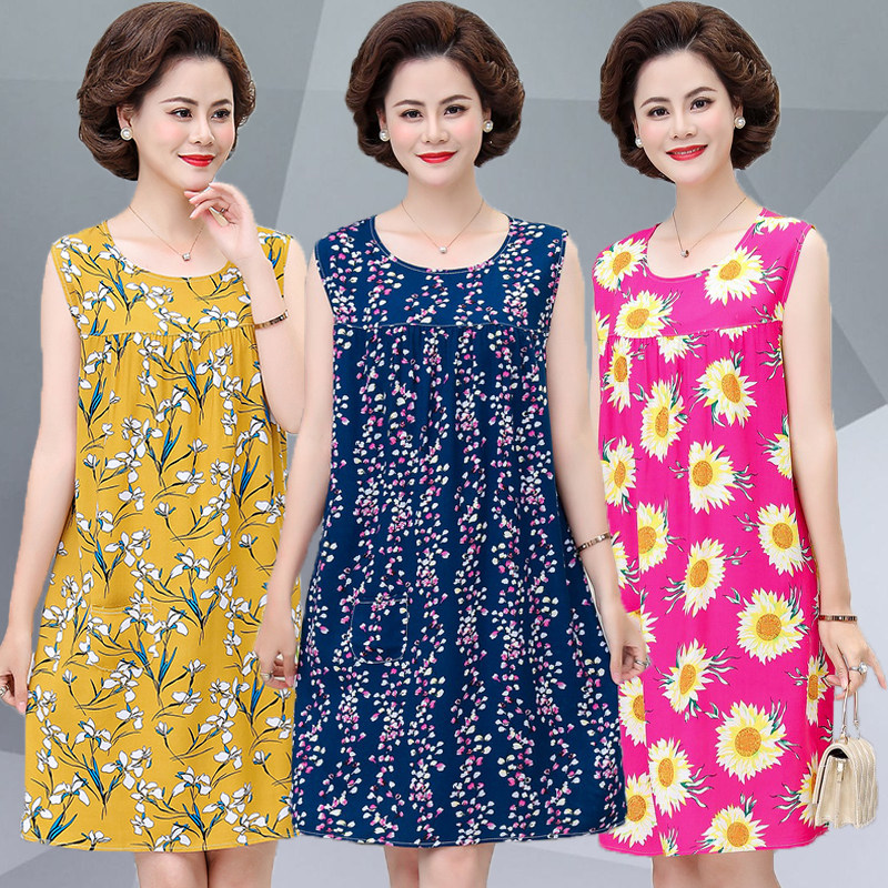 中老年人夏天睡衣棉绸家居服妈妈睡裙女夏季中年妇女人造棉连衣裙