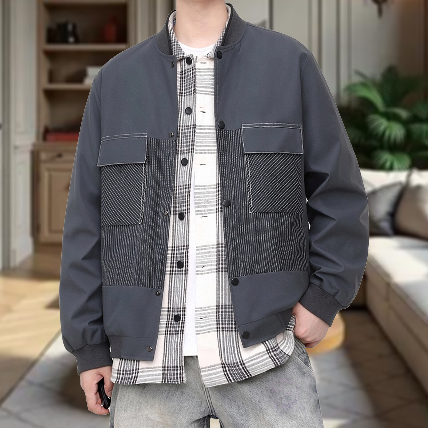 男士港风潮牌休闲宽松夹克高级感春秋季立领男装外套拼接多口袋