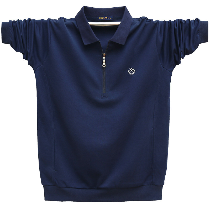 男士衬衫领长袖T恤衫有口袋宽松中年男装 爸爸装休闲大码加肥上衣