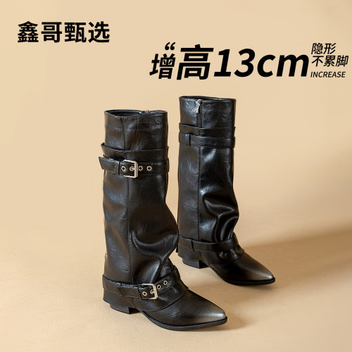 鑫哥甄选13cm内增高尖头骑士靴女