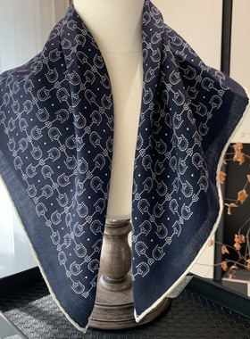 藏蓝色老钱风马衔扣双面丝毛围巾女秋冬真丝羊毛方巾63CM