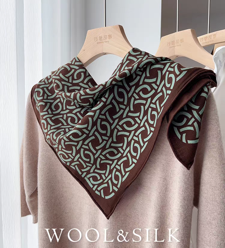 「复古棕绿色系」知性丝毛围巾女冬季百搭多功能真丝羊毛方巾领巾