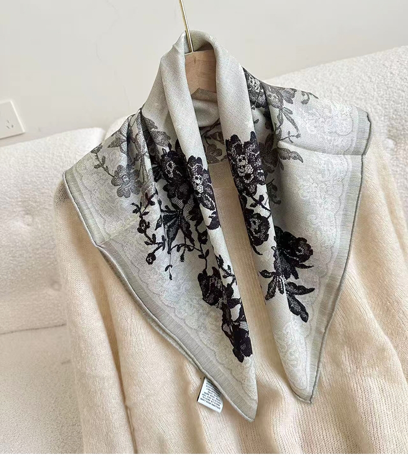 「洛可可絮语」高级感立体蕾丝真丝羊毛丝巾女丝毛羊毛方巾领巾