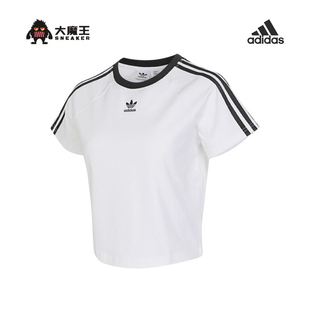 adidas阿迪达斯三叶草三条纹半袖 T恤JC8704 夏女高腰透气露脐短袖