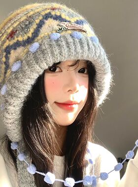 秋冬复古针织毛线帽巴拉克拉法帽女显脸小包头帽加厚保暖护耳帽子