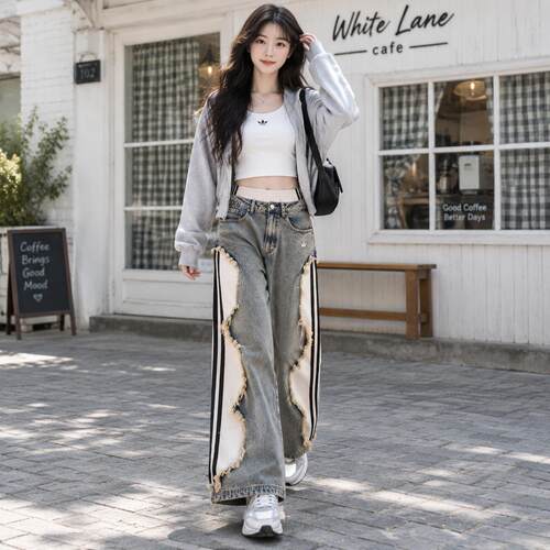 阿迪达斯三叶草牛仔阔腿卫裤女