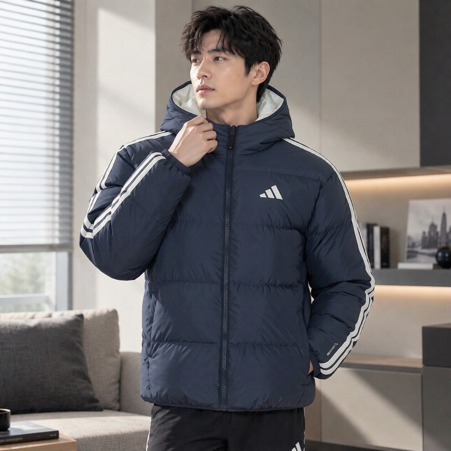 阿迪达斯男士运动服冬季双面穿连帽鸭绒羽绒服日常外出保暖外套
