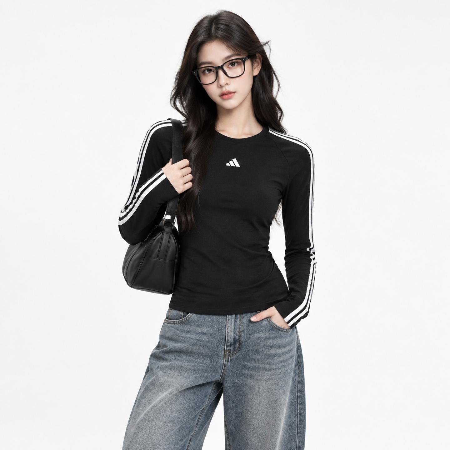 阿迪达斯紧身长袖女装新款跑步训练运动服修身圆领上衣潮流T恤