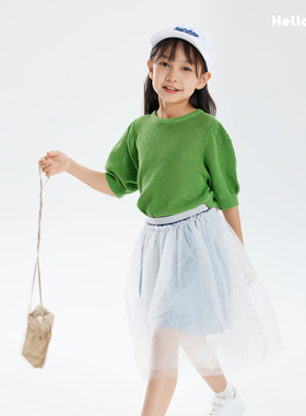 原创童装新款夏装女儿童短袖全棉薄款上衣圆领绿色针织衫719+233
