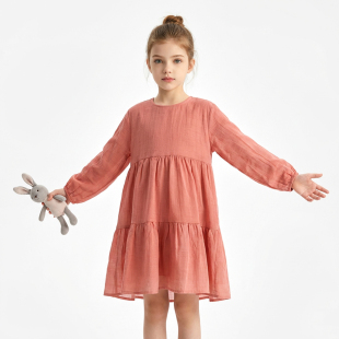 长袖 文艺苎麻粉色连衣裙春装 公主裙女孩中童1330 Emily童装 Hello