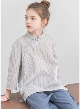 Hello Emily童装新款春夏装中国风斜襟条纹半袖衣服女中童上衣782