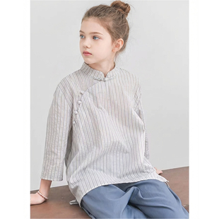 春夏装 Hello Emily童装 新款 衣服女中童上衣782 中国风斜襟条纹半袖