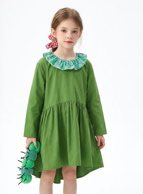 Hello Emily童装时尚绿色连衣裙2026新款春秋装女孩纯棉裙子1317
