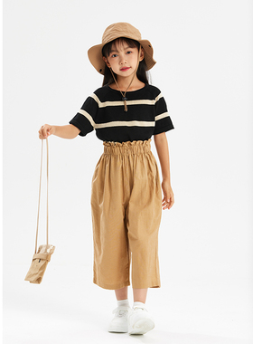 Hello Emily童装自制女中童七分裤夏装黄色棉麻阔腿裤子005+236