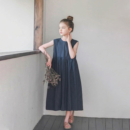 Hello Emily童装蓝色无袖格子裙 新款夏季儿童女孩纯棉连衣裙788