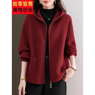 爆款休闲连帽拉炼毛呢外套时尚妈妈加肥加大女士双面羊绒宽松大衣