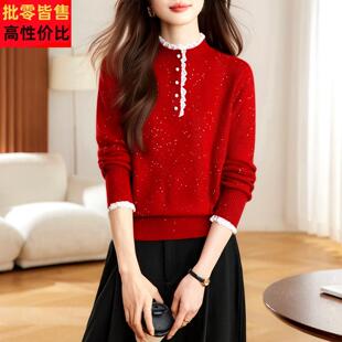 红色蕾丝拼接半高领针织衫女秋冬季可外穿短款毛衣打底衫内搭上衣