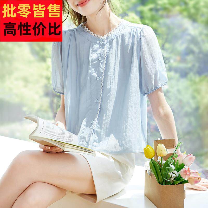 夏季新款韩版甜美温柔小女人气质通勤百搭衬衫上衣蕾丝花边衬衣短