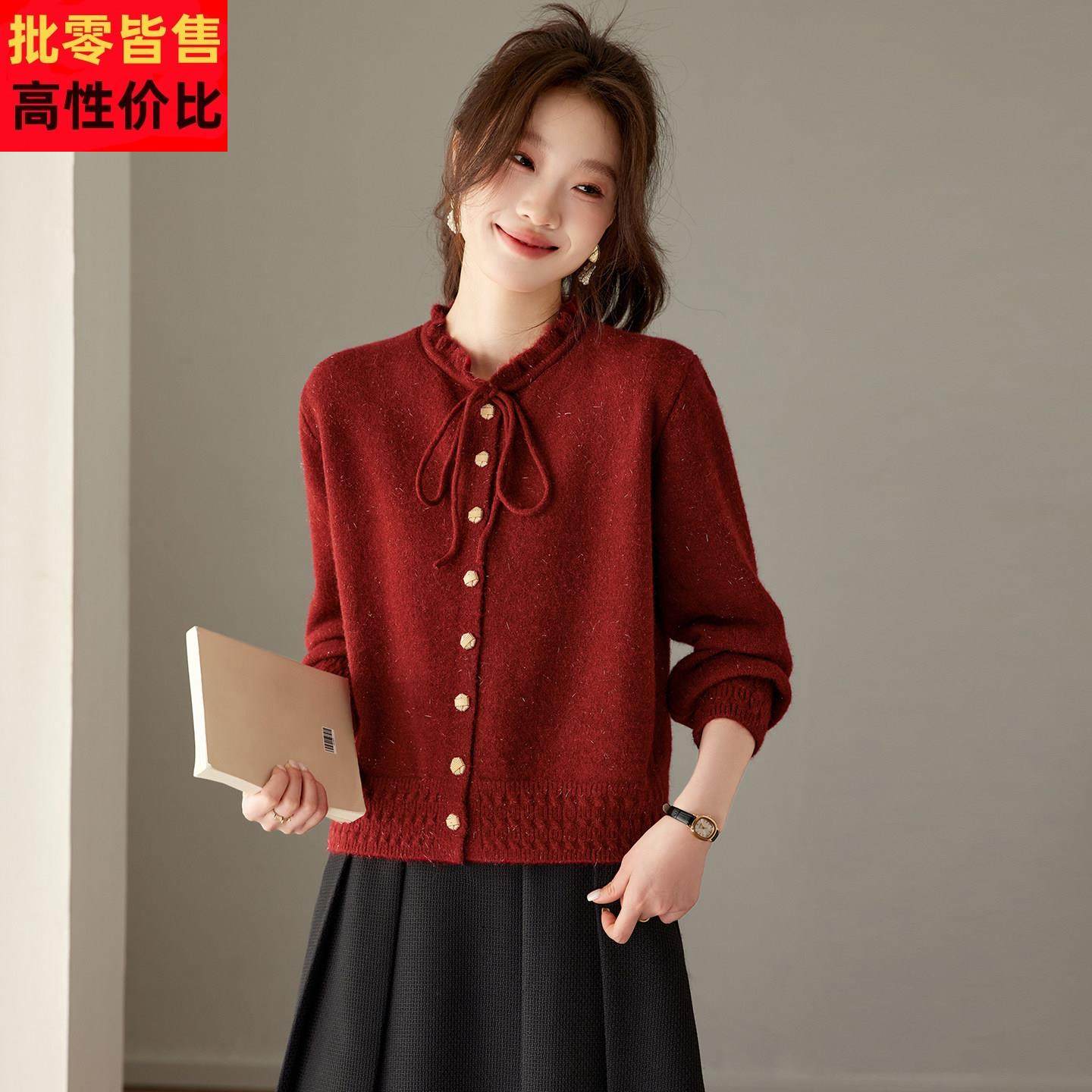 酒红色小开衫毛衣内搭可外穿时尚洋气时髦圆领2026新款针织衫上衣