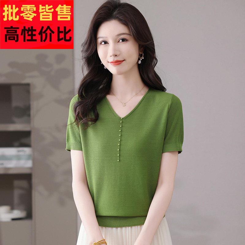 品牌天丝莱赛尔v领短袖t恤女2025新款中年妈妈夏装薄款针织衫上衣
