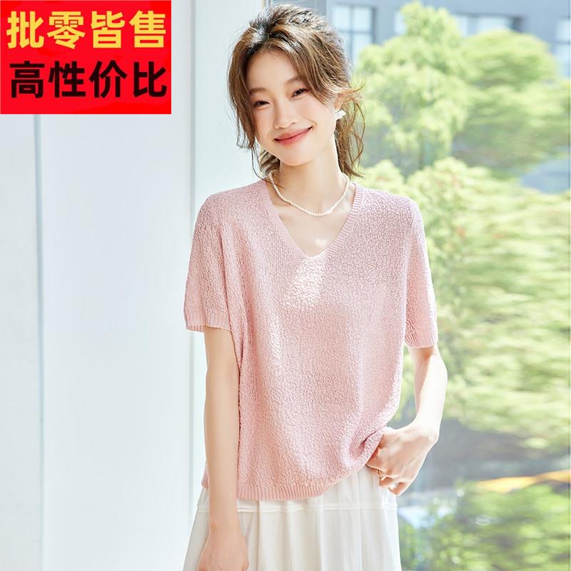 2025夏季新款爆款天丝亚麻正肩T恤女短袖洋派宽松通勤针织女上衣