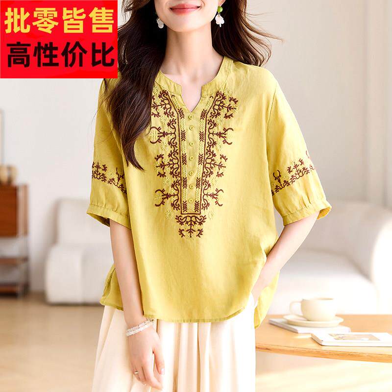 气质短袖t恤女士2025新款夏季宽松棉麻亚麻上衣高端短款苎麻小衫
