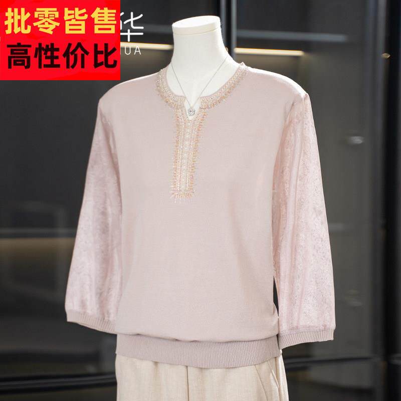 中年妈妈春装针织衫长袖上衣2025新款洋派打底小衫中老年女装T恤