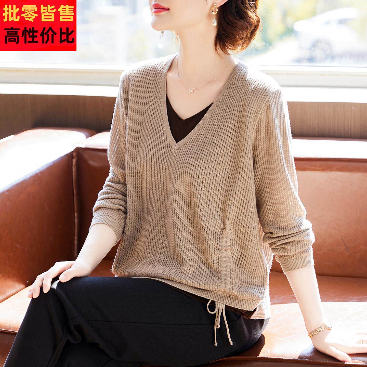 妈妈秋装2025新款假两件针织小衫中老年女装春秋时尚打底衫上衣服