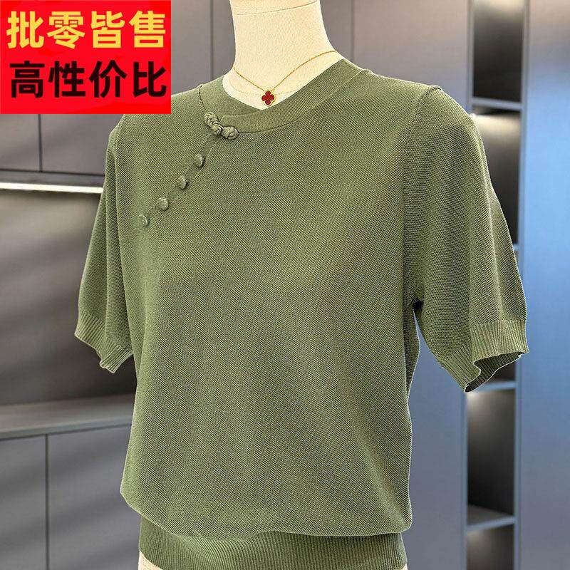 中国风妈妈装针织衫女短袖2025年夏装新款上衣气质百搭中老年T恤