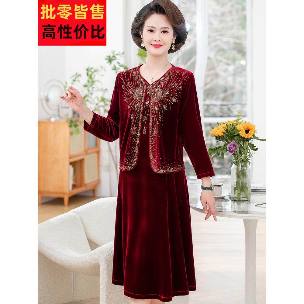 喜婆婆结婚宴两件套礼服长裙子套装妈妈婚礼高贵喜庆金丝绒连衣裙