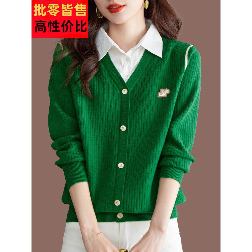 开春单穿绿色毛衣假两件上衣气质衬衣领针织衫2025新款女士羊毛衫