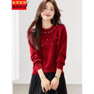 2025冬装新款本命年红色打底毛衣漂亮钉珠小个子气质别致上衣女装