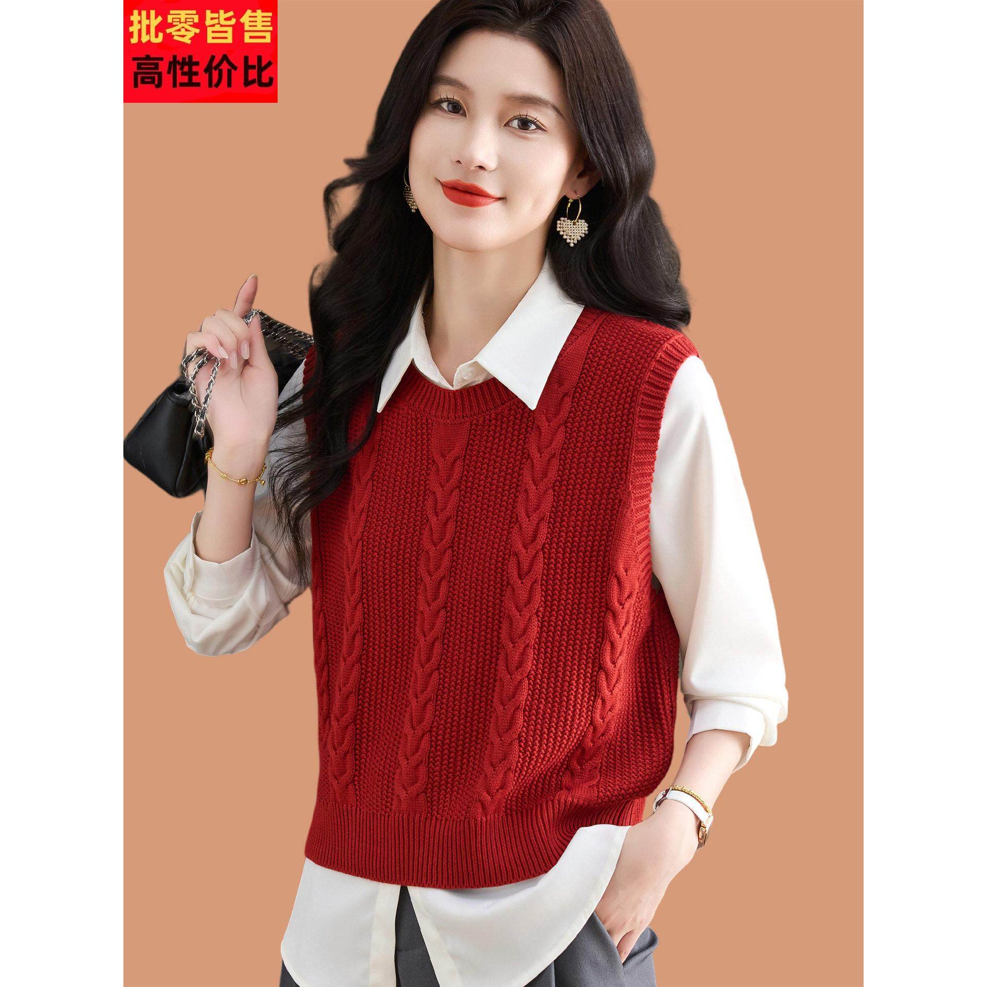 圆领羊毛针织马甲女春秋新款轻奢叠穿宽松外穿百搭无袖小毛衣背心
