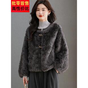 水貂绒皮草大衣外套女开衫短款圆领羊毛衫宽松大码中老年妈妈装秋