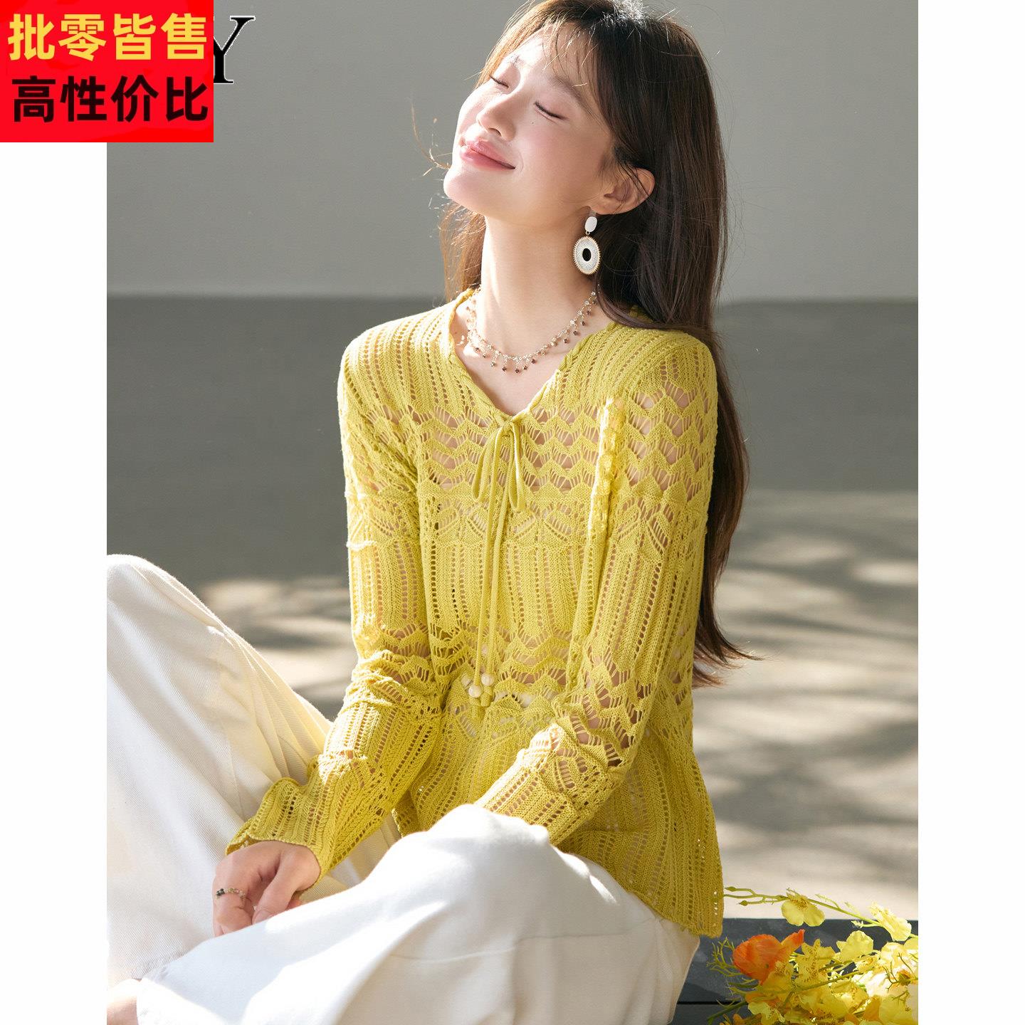 2026夏日新款钩花镂空针织系带罩衫气质优雅法式套头显瘦上衣女薄