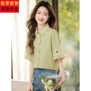 今年流行的漂亮小衫女2025新款夏季洋气减龄宽松纯棉中袖衬衫上衣