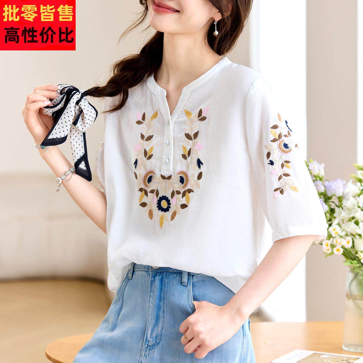 短袖女装t恤2025新款夏季宽松苎麻中国风棉麻亚麻上衣V领短款小衫