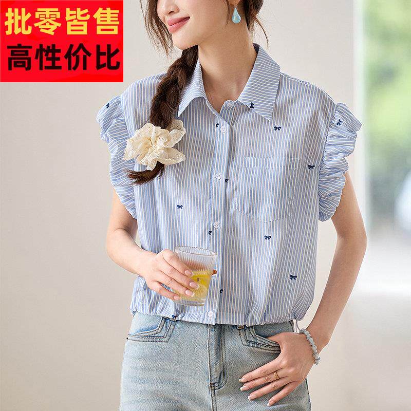 2025新款夏季薄款纯棉短袖衬衫女短款宽松T恤上衣蝴蝶结刺绣衬衣