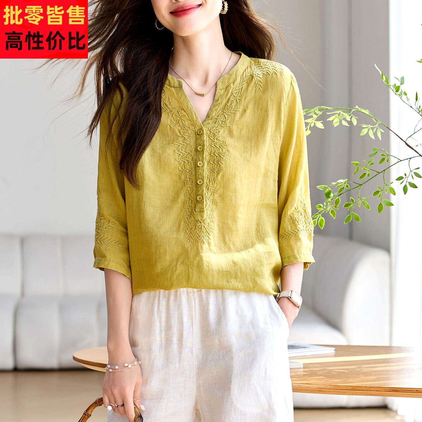 棉麻上衣女装高端苎麻亚麻白色短袖T恤2025夏季新款宽松短款T恤