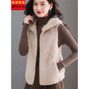 水貂绒马甲女装秋冬皮毛一体外套拉炼开衫小个子短款连帽皮草坎肩