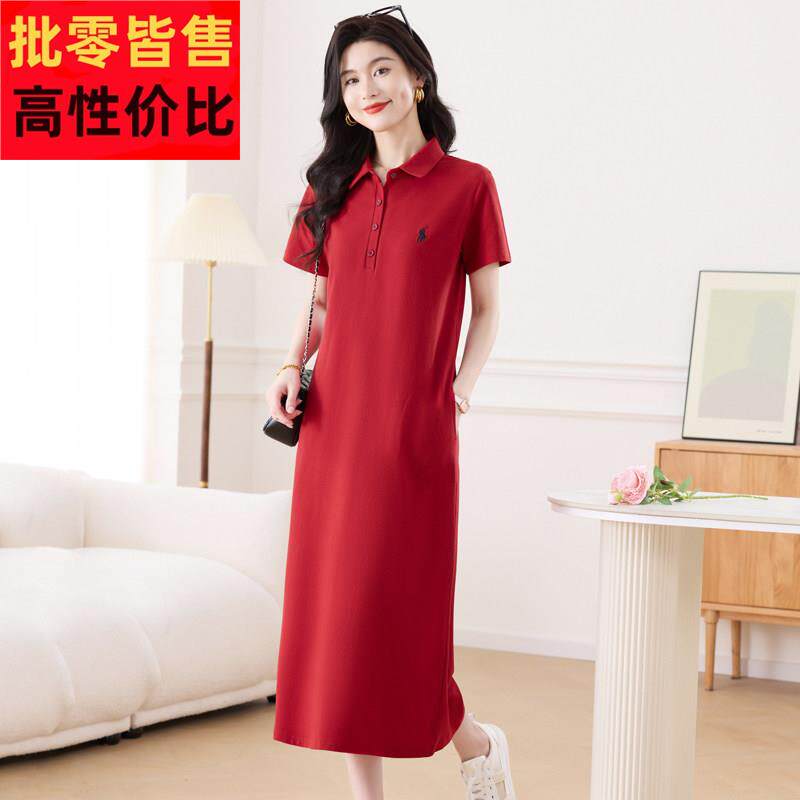 红色polo领洋装女2025新款夏季直筒宽松大尺码休闲 运动T恤裙长版
