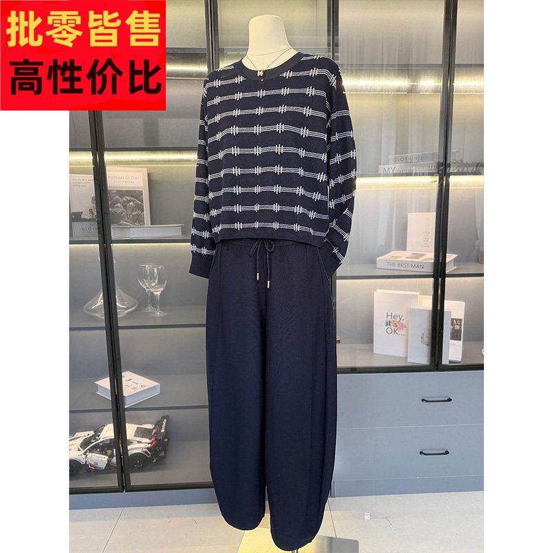 时尚休闲妈妈装冰丝套装女圆领春装新款气质百搭中老年针织两件套